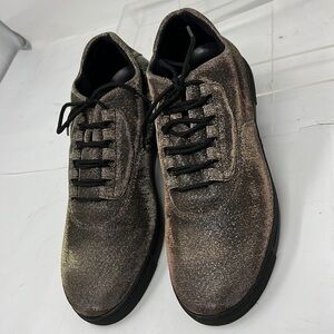 Stuart Weitzman Sz 7 Gold Lurex Nylon Fabric Lace-Up Sneakers Black Sole